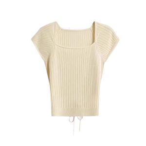 YUEZHONGWEI | Yellow Knitted Short Sleeve T-Shirt Square Collar Slim Fit Summer French Style Top For Small Figures Commute Fashion Korean Style