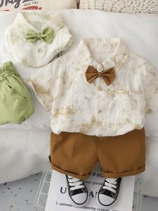 Bộ Áo Sơ Mi Trẻ Em Mùa Hè Thoải Mái Cotton Vải Bông Có Cà Vạt Và Quần Short Quần Đùi Bộ Đồ Hai Mảnh Mỏng Cho Bé Trai Dễ Thương Chủ Đề Rừng Em Bé Quần Áo