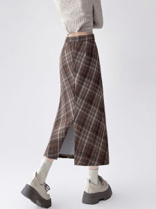 High Waist Plaid Woolen Mini Skirt Womens Autumn Winter Vintage Straight Cut Slim Fit Long Skirt A-Line Midi Skirt