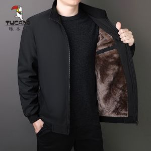 Thickened Fleece Lined Casual Jacket for Men Business Casual Style Stand Collar Warm Cotton Coat Autumn Winter Outerwear