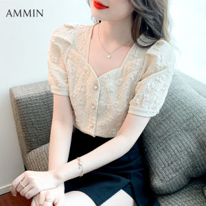 เสื้อลูกไม้แขนสั้นสำหรับผู้หญิง เสื้อชีฟองเกาหลีแจ็คการ์ดดี ฤดูร้อน อุปกรณ์ AMMIN