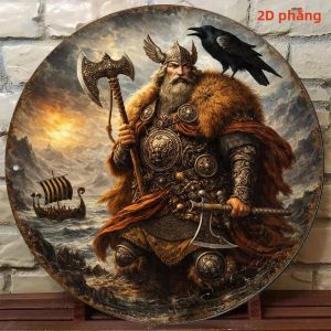 CIFbuy | Biển Kim Loại Trang Trí Hình Odin Quạ Viking Khung Gỉ Sét Tròn Không Đèn LED Dành Cho Phòng Khách Quán Rượu Nhà Kho Gara.