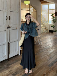 Retro Button up Short Sleeve Denim Thin Jacket Womens Spring Summer New Style National Wind Shirt Small Size Butterfly Knot