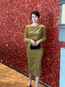 ZYHT EraVogue เดรสผู้หญิง เดรสสีเหลือง เดรสแขนยาว เดรสกำมะหยี่ เดรสทำงาน เดรสไฮโซ เดรสวินเทจ เดรสออกงาน เดรสปาร์ตี้ ชุดราตรี 31017