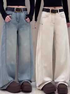 กางเกงยีนส์ทรงตรงเอวสูงผู้หญิงฤดูใบไม้ร่วง/ฤดูหนาว กางเกงขายาวทรงหลวม กางเกงขายาวทรงหลวมสำหรับผู้หญิงไซส์ใหญ่