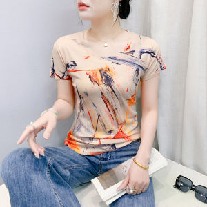 Áo phông nữ mới phong cách Châu Âu mùa hè 2025 áo áo cổ tròn co giãn ôm gọn ngắn tay in đẹp