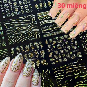 Bộ 30 Miếng Dán Trang Trí Móng Tay 3D Laser Vàng Kiểu Pháp Cổ Điển Họa Tiết Hoa Sao Trái Tim Lá Tự Dính Dành Cho Phụ Nữ Thanh Lịch.
