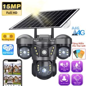 Camera Năng Lượng Mặt Trời Ngoài Trời 4G Sim Card 15MP 3 Ống Kính Mạng IP Với Chức Năng Phát Hiện Chuyển Động PIR & Tầm Nhìn Ban Đêm CCTV Bảo Vệ An Ninh 1080P Full-HD