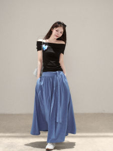 YIKEXIAOYEMEI | Chân Váy Dài A-Line Cao Waist Grid Xanh