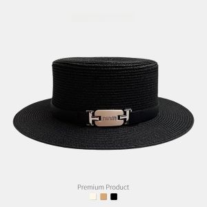 French Style Straw Hat Womens Summer 2024 New England Wind Gift Hat Flat Top Beachside Sun Protection Hat Trendy