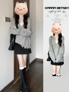 เสื้อสเวตเตอร์คอวีสีเทาหลวมๆ สไตล์เกาหลีสำหรับผู้หญิงในฤดูใบไม้ร่วงและฤดูหนาว เสื้อสเวตเตอร์ถักแบบสวมหัว ทรงหลวมๆ สไตล์ย้อนยุค