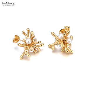 JeeMango Delicate Simulated Pearl Cubic Zirconia Fireworks Earrings Fashion Stainless Steel Earrings For Women Jewelry E25041