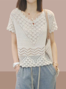 Shalldoer | Elegant Heavy Embroidery Hollow Knitted Top Short Sleeve Loose Slimming Womens T-Shirt Korean Style Summer Fashion Casual Wear