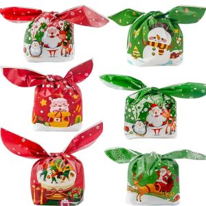 10Pcs Christmas Gift Bags Rabbit Ear Plastic Candy Bag Santa Claus Snowman Pattern Xmas Gift Packing Bag Noel Navidad
