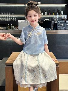 Chinese Traditional Girls Cheongsam Set Summer Seasonal Clothing Short Sleeve Lightweight Comfortable Fabric National Style