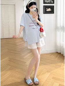 MAMABENSE | Korean Style Maternity Set Blue Short Sleeve Crew Neck Loose Printed Top and Shorts