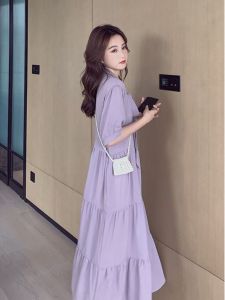 plus Size Purple Summer Dress Womens French Style Sweet First Love Skirt Slimming Meat Covering Long Dress Commute Korean Version