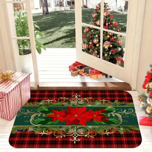 Thảm Cửa Giáng Sinh Kẻ Sọc VIKAMA Poinsettia Thảm Chống Trượt Màu Đỏ Xanh Cho Trang Trí Ngày Lễ Trong Nhà Ngoài Trời Phong Cách Hiện Đại Polyester