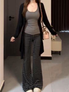 Quần Ống Loe Cạp Cao Kẻ Sọc Đen Xám Dài Đến Sàn Thường Ngày Cho Nữ Quần Ống Rộng Thoải Mái Mùa Thu 2025