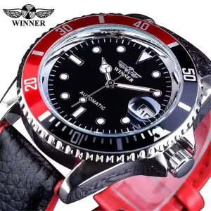 WINNER 002 Business Mens Automatic Mechanical Watches Simple Calendar Luminous Waterproof Leather Strap Men Fashion Wristwatch