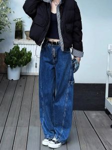 กางเกงยีนส์ขากว้างเอวสูงทรงหลวมสไตล์ลำลองสำหรับผู้หญิงไซส์ใหญ่ กางเกงขายาวทรงหลวมสบาย ๆ ฤดูใบไม้ร่วง 2025
