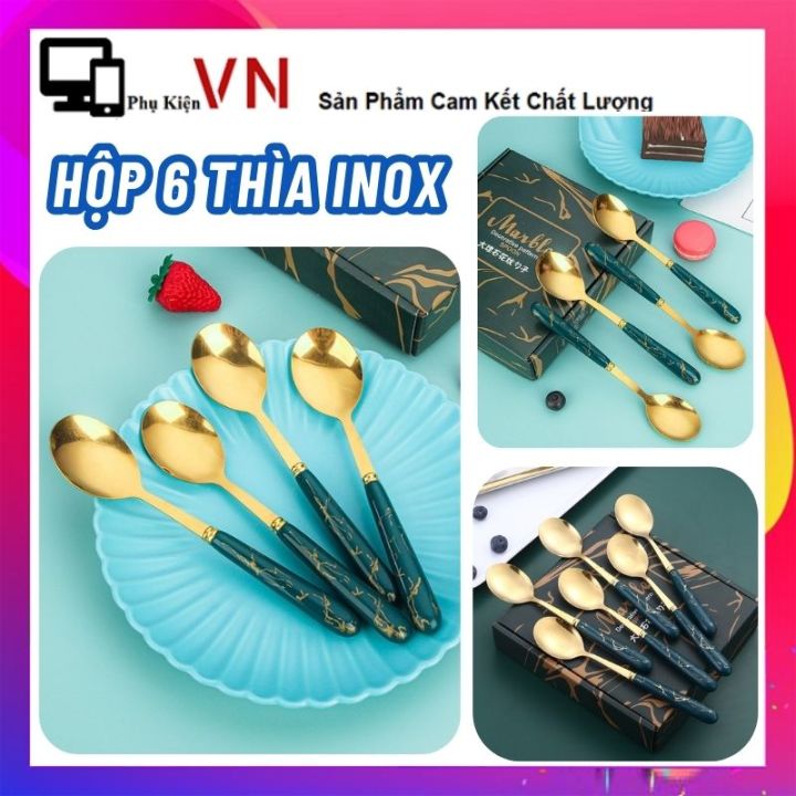 Hộp 6 Muỗng Inox Mạ Vàng Màu Xanh Ngọc Vân Đá Cao Cấp Sang Trọng Kèm ...