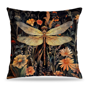 VIKAMA Vintage Golden Dragonfly & Wildflower Pillow Cover Dark Botanical Pillowcase for Couch Bedroom Home Decor