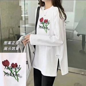 Spring & Fall Winter Dralon Bottoming Shirt Womens Fashion Velvet Padded Mid-Length Cotton Split White T-shirt Long Sleeve Loose Inner Wear