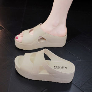 Womens High Heel Slippers Outwear Summer New Arrival Thick Sole Home Wedge Height Increasing Non-Slip Muffin Beach One-Word Sandals