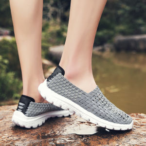 Mens Breathable Sports Sandals Summer 2025 Casual Slip-On Lazy Shoes Woven Beach Shoes Flat Heel round Toe Outdoor Leisure Footwear