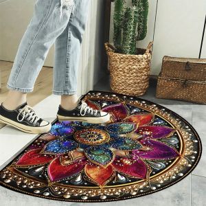 VIKAMA Semi-Circular Floor Mat with Mandala Floral Design Machine Washable Suitable for Entryway Bedroom and Bathroom Use