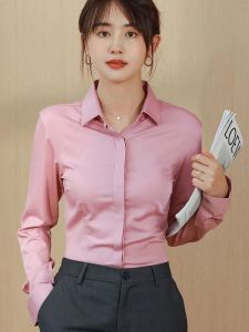 เสื้อเชิ้ตแขนยาวผู้หญิงผ้าไหมไผ่สีชมพู ชุดทำงาน เสื้อเชิ้ตสีพื้น ไม่ต้องรีด ผ้าซาติน ฤดูใบไม้ผลิและฤดูใบไม้ร่วง