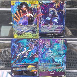 Bandai | One Piece Card Game OP-15 Collection: LEADER Rare Enel (Sky Island) + High-Power Event Luffy& Bartholomew Kuma Cards for Display