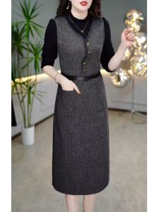 MAIMEI | Váy dài tay dày hai mảnh thanh lịch cho phụ nữ cao cấp mùa thu đông mới về váy midi chữ A cạp cao chất liệu khác