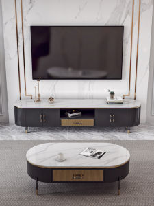 Modern Minimalist Golden Boot Shiny Rock Panel Coffee Table TV Cabinet Combination Living Room Luxury Oval Shape Tea Table Small Size