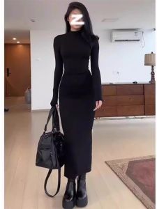 Elegant Black Long Sleeve Wrap Dress Slim Fit High Collar Inner Wear Faux Fur Belted Womens Autumn Winter Fashion Retro Style