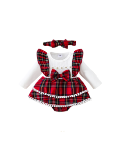 Baby Girl Autumn Winter Red Plaid Lace Bow Dress Exquisite Christmas Red Plaid Dress Baby Girl Sweet Fashion Double Layer Dress