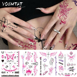 Y2K Gothic Pink Waterproof Temporary Tattoo Sticker Gothic Skull Bat Butterfly Flame Body Art Arm Fake Tattoos Sleeve Women Men