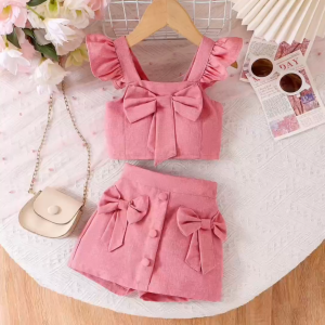 SETELAN ANAK PEREMPUAN MURAH IMPORT KOREA STYLE PINK RUFFLE BOW CUTE SET TANK TOP VEST CELANA PENDEK SKORT