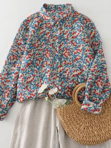 Blue Leaf Floral Print Womens Shirt Versatile 2024 New French Artistic Style Loose Fit Button up Casual Long Sleeve Shirt