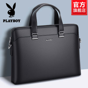 Playboy Leather Briefcase Mens Single Shoulder Crossbody Bag Handbag Business Trip Document Computer Bag Soft Cowhide