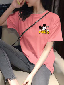 Trendy Loose Womens Short Sleeve T-Shirt Korean Style Summer New Cartoon Mickey Student Versatile Top Polyester Fabric round Neck