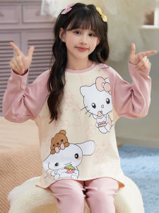 Girls Cotton Pajamas Long Sleeve Thin Home Clothes Set Kitty Cat Print Pure Cotton Childrens Sleepwear Spring Autumn New Style