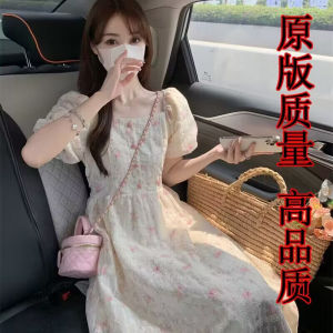 ชุดเดรสยาวแขนพองลายดอกไม้สไตล์ฝรั่งเศสย้อนยุคสำหรับผู้หญิงในฤดูร้อน ชุดเดรสยาวทรงเอเอวเข้ารูป ความยาวปานกลาง สไตล์หวานๆ