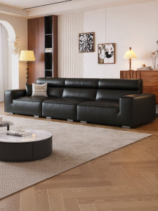 Black High-Back Mid-Century Modern Genuine Leather Living Room Sofa