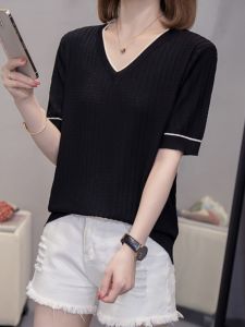 Plus Size Womens Summer Thin Ice Silk V-neck Short Sleeve T-shirt Knitwear Slim Looking Easiest for Match Shoulder Plus Size Ladies Belly-Covering Coat