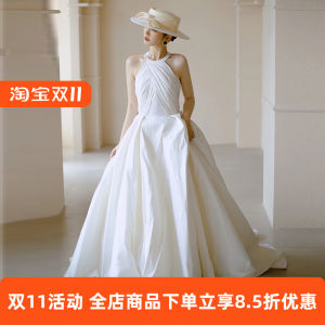 Elegant French Style Wedding Dress 2025 New White Hanging Neck Style Hepburn Style Satin Surface Grooming Guest Dress