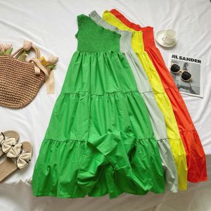 Ladies Elegant Sloping Shoulder Dress Womens Summer Stylish Ruched Sleeveless Waist Slim Looking Mid Length Long Length Flounced Skirt