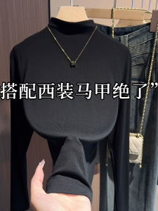 เสื้อเชิ้ตคอสูงครึ่งตัวสีดำ ผู้หญิง ชั้นใน ใส่ได้ด้านนอก ถัก แขนยาว เสื้อเชิ้ตคอกลม ทรงสลิมฟิต ระบายอากาศได้ดี ระบายความชื้น