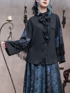 Blue Tear Double Layer Sleeve Lace Trim Splicing Womens Shirt Cool Sweet Style Original Design Casual Loose Fit Long Sleeve